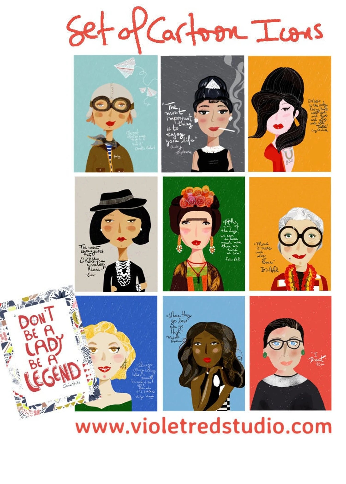 Set of 10 Iconic Cartoon Girls on sale, Snail Mail, Feminist Stationary - VIOLETREDSTUDIO