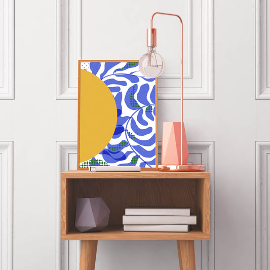 Sunny Abstract Art print, Ready to Frame contemporary Blue and Yellow Wall Art, Abstract Shapes - VIOLETREDSTUDIO