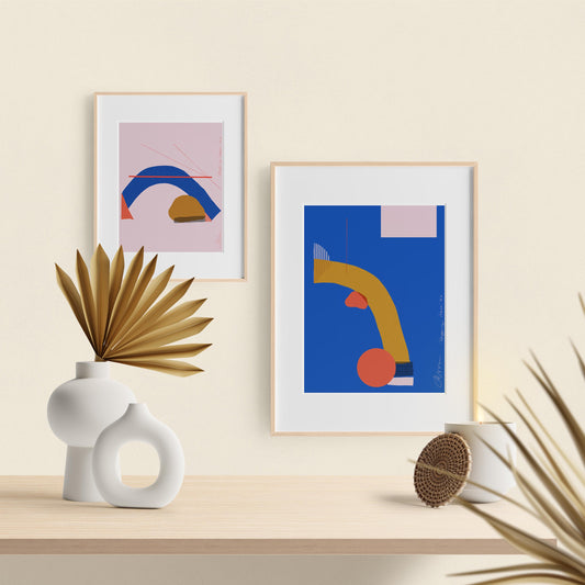 Mediterranean Art print, Mid Century Decor, Blue Abstract, Ochre Yellow and Blue - VIOLETREDSTUDIO