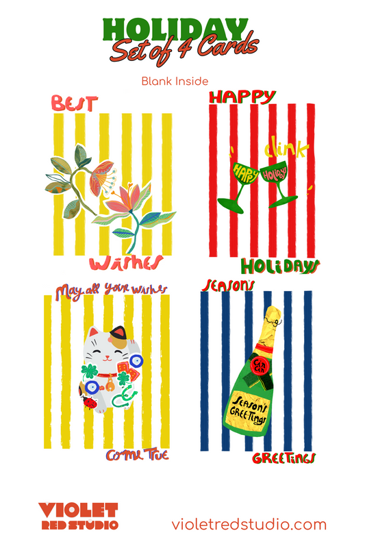 Holiday Greeting Card Set of 4 – Cheerful Striped Designs