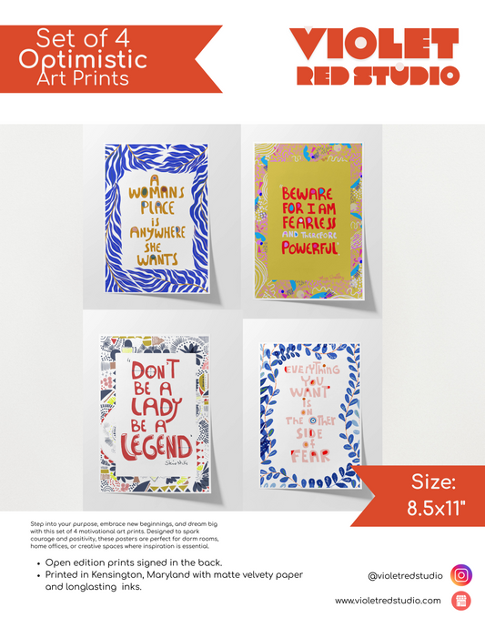 Set of 4 Feminist Quote Prints – Empowering Wall Art for Dorm Rooms, Motivational Posters for Women, Bold Gallery Wall Decor