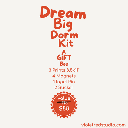 Dorm Room Gift Box – 3 Motivational Prints + 4 Magnets & Pin | Dream Big Kit for Students | Empowering College Decor - VIOLETREDSTUDIO
