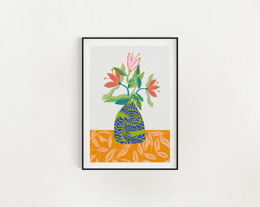Flower Bouquet Art Print - Botanical Inspired Art, Orange and Blue Wall Art, Cubicle Decor