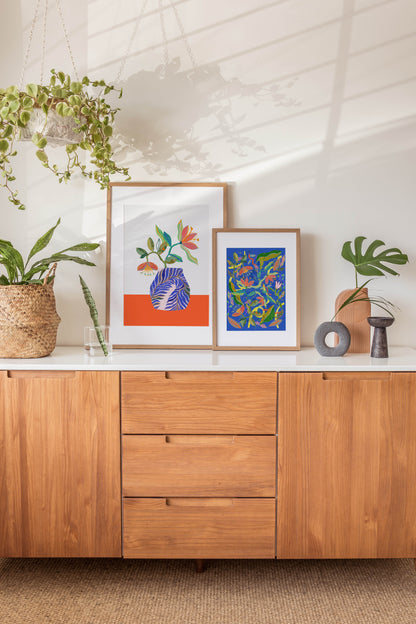 Flower Bouquet Art Print - Botanical Inspired Art, Orange and Blue Wall Art, Cubicle Decor - VIOLETREDSTUDIO