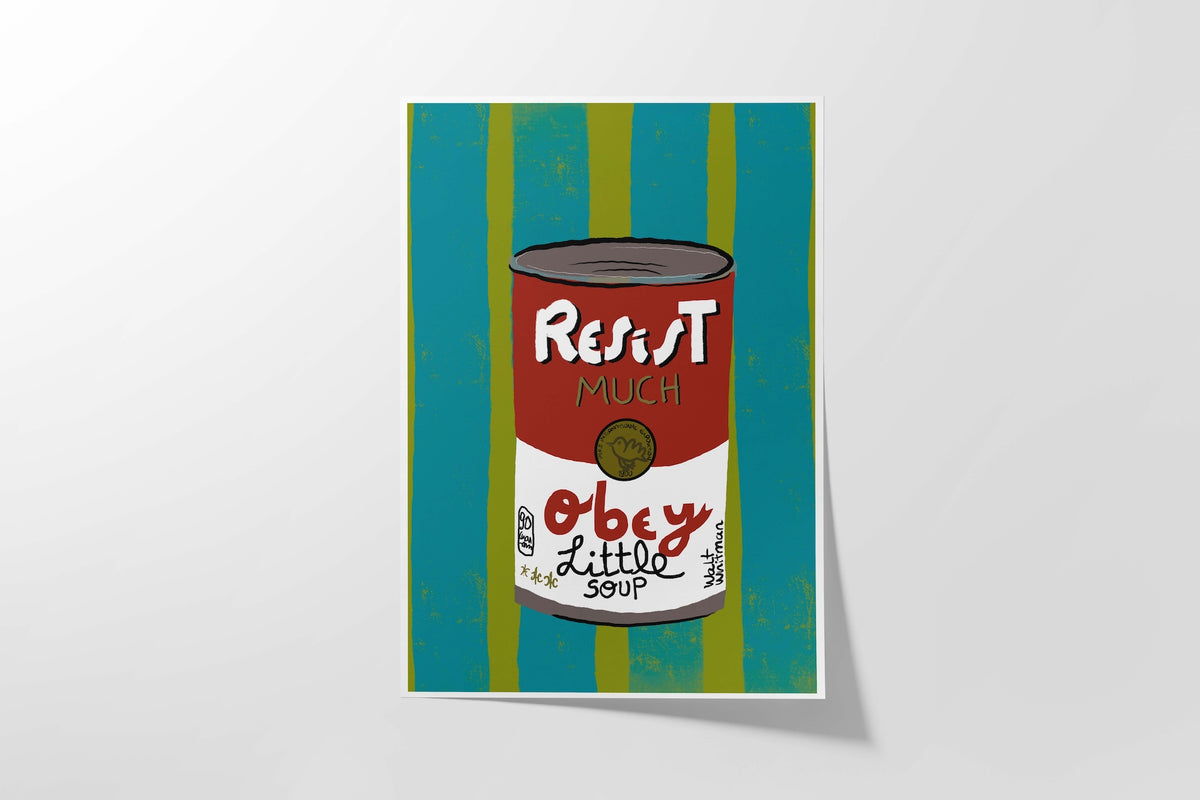 Surrealistic depiction of a soup can with text on a striped background