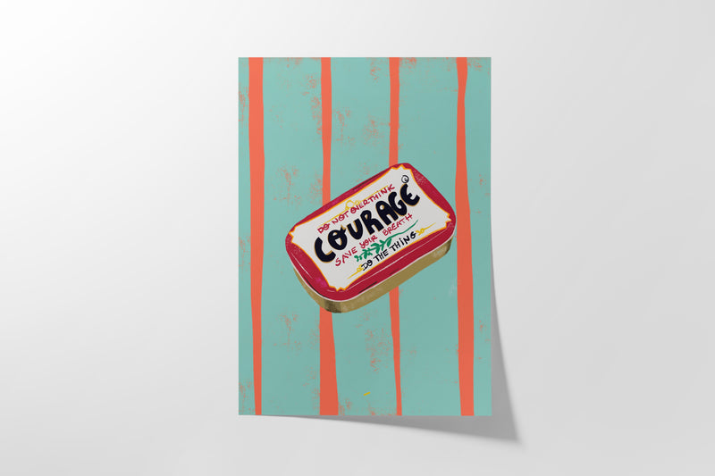 A vertical art print featuring a retro-style illustration of a Courage Sausage Sandwich in a red and cream tin, set against a mint green background with vertical coral stripes. The print is shown hanging on a light gray wall with a soft drop shadow.