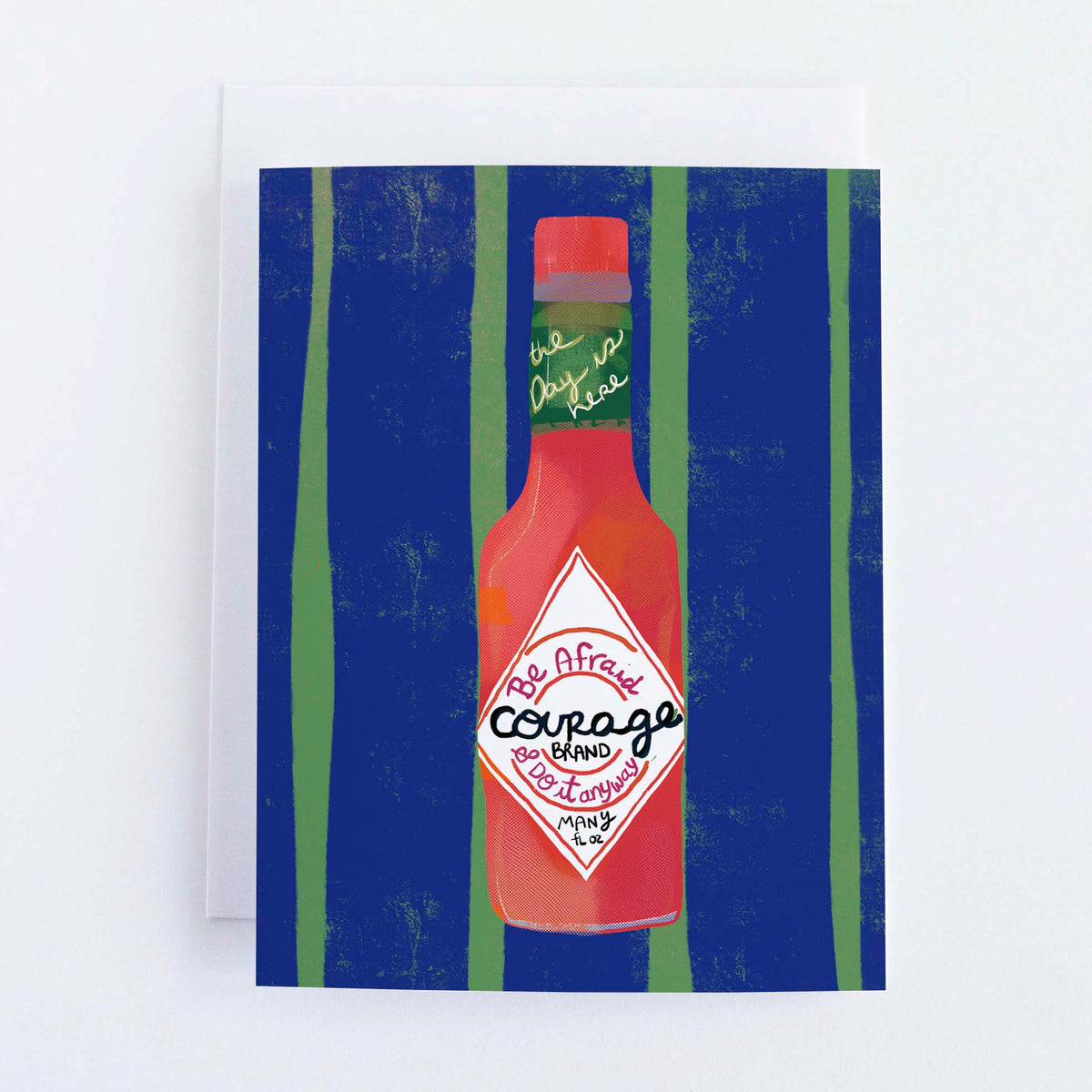 Card with a bottle of hot sauce design on a blue and green striped background