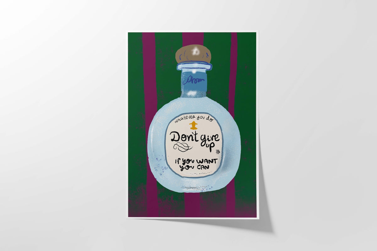 Decorative poster with a bottle design and motivational text on a green and purple striped background.