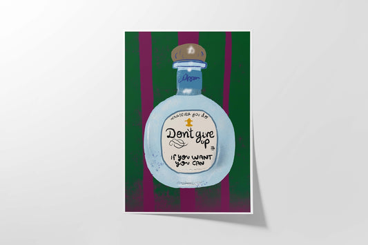 Decorative poster with a bottle design and motivational text on a green and purple striped background.