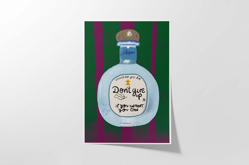Decorative poster with a bottle design and motivational text on a green and purple striped background.