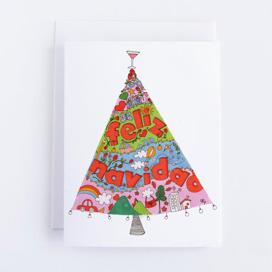 Colorful Christmas tree-shaped card with 'feliz navidad' text on a white background