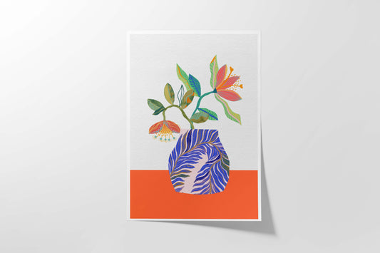Flower Bouquet Art Print - Botanical Inspired Art, Orange and Blue Wall Art, Cubicle Decor