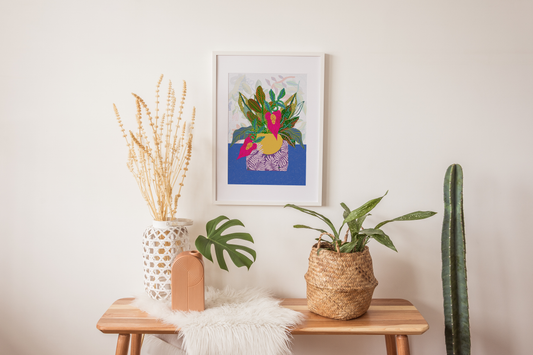 Summer Flower Bouquet Art Print - Maximalist Wall Decor, Orange and Blue Wall Art, Cubicle Decor