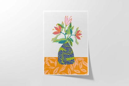 Flower Bouquet Art Print - Botanical Inspired Art, Orange and Blue Wall Art, Cubicle Decor - VIOLETREDSTUDIO