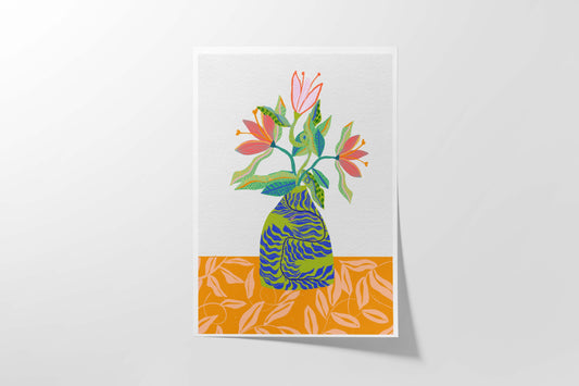 Flower Bouquet Art Print - Botanical Inspired Art, Orange and Blue Wall Art, Cubicle Decor