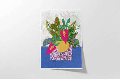 Summer Flower Bouquet Art Print - Maximalist Wall Decor, Orange and Blue Wall Art, Cubicle Decor - VIOLETREDSTUDIO