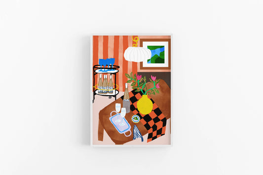 Game Night Bar Cart Art Print – Bold Dining Scene with Albariño Wine, Glasses & Checkered Tablecloth – Dopamine Decor for Wall