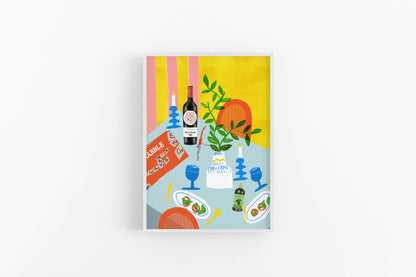Vibrant art print of a Scrabble board, wine bottle, and blue candlesticks on an Italian dinner table. Bold yellow and blue maximalist wall decor.