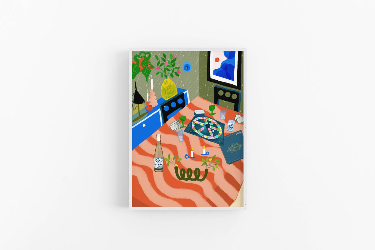 Vibrant art print of a trivia game board on an orange wavy tablecloth with blue cabinets and a yellow vase. Colorful maximalist wall decor.