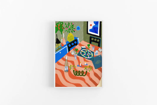 Vibrant art print of a trivia game board on an orange wavy tablecloth with blue cabinets and a yellow vase. Colorful maximalist wall decor.