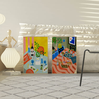 Vibrant art print of a Scrabble board, wine bottle, and blue candlesticks on an Italian dinner table. Bold yellow and blue maximalist wall decor.