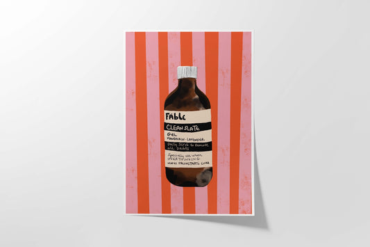 Fable Cleanser Illustration bottle on a striped red and white background