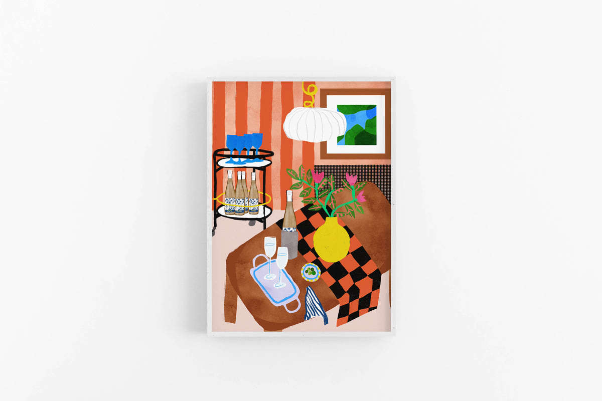 Vibrant art print of a wine bar cart with white wine bottles, checkered tablecloth, and blue glassware in a modern living room.