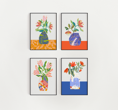 Flower Bouquet Art Print - Botanical Inspired Art, Orange and Blue Wall Art, Cubicle Decor - VIOLETREDSTUDIO