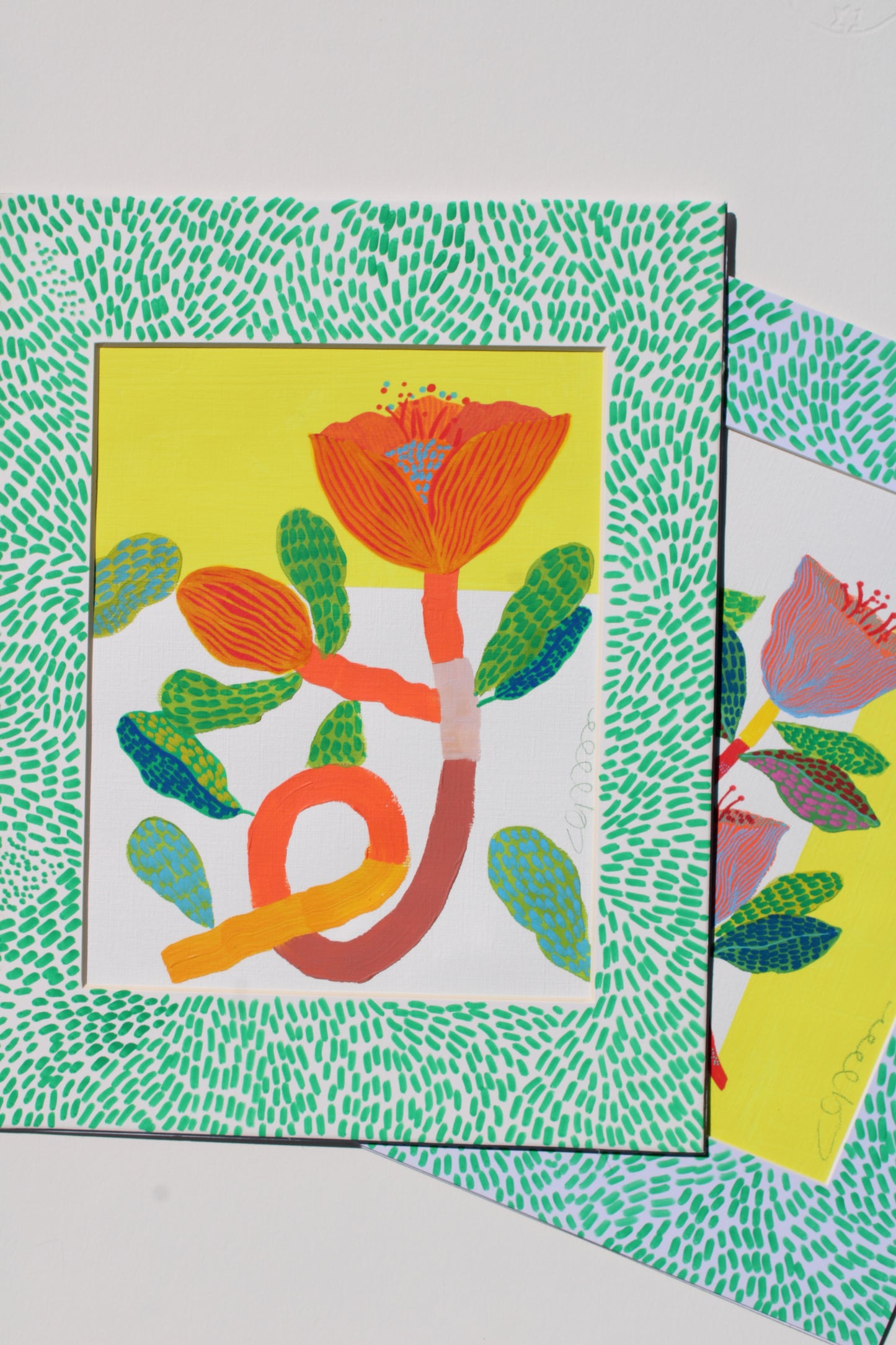 Set of 2 Original Mixed Media Floral Artworks – 11x14” with Hand-Painted Blue Striped Mats