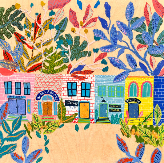“Books & Botanicals” – Original Mixed Media Cityscape on Wood Panel (18x18)
