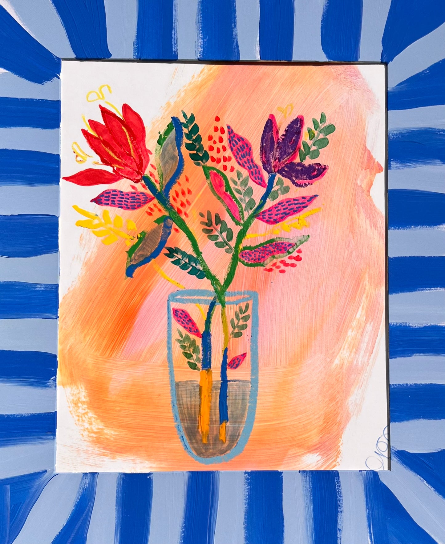 Set of 2 Original Mixed Media Floral Artworks – 11x14” with Hand-Painted Blue Striped Mats