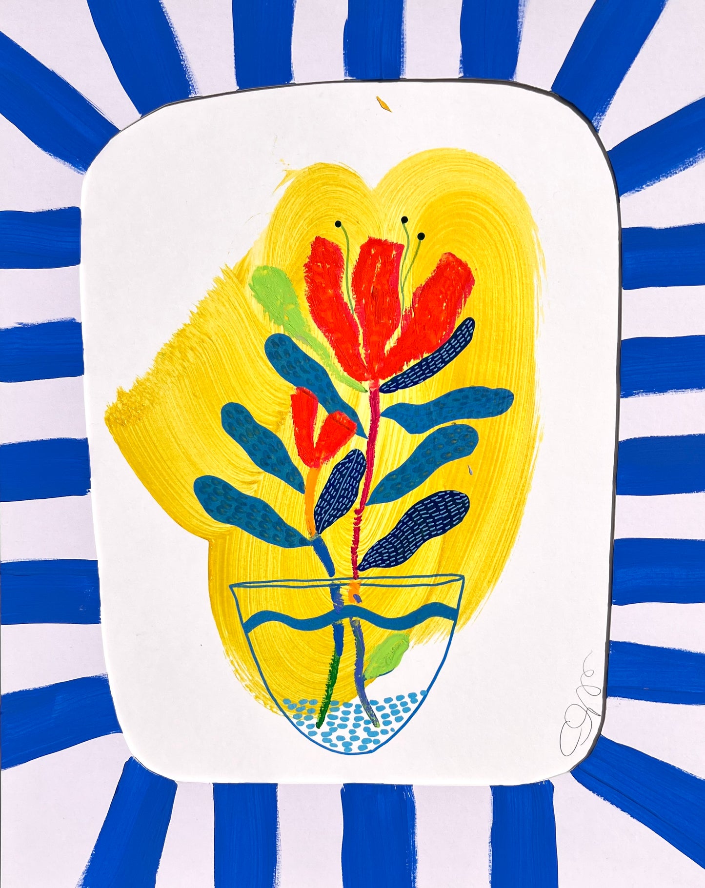 Set of 2 Original Mixed Media Floral Artworks – 11x14” with Hand-Painted Blue Striped Mats