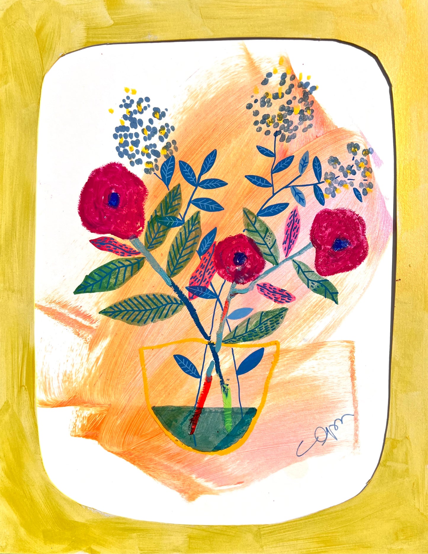 Set of 2 Original Mixed Media Floral Artworks – 11x14” on Paper with Hand-Painted Mats