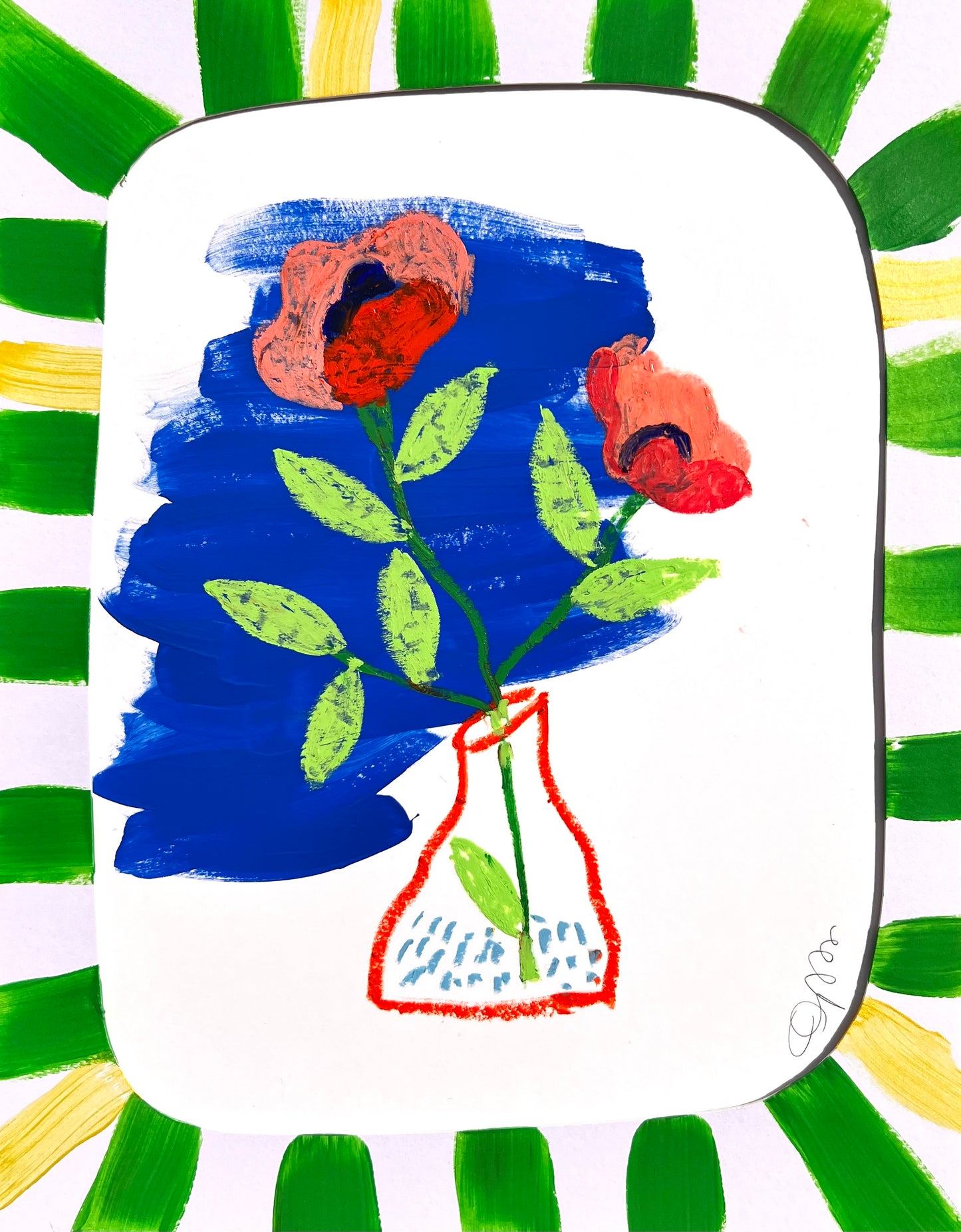 Set of 2 Original Mixed Media Floral Artworks – 11x14” with Hand-Painted Green Striped Mats