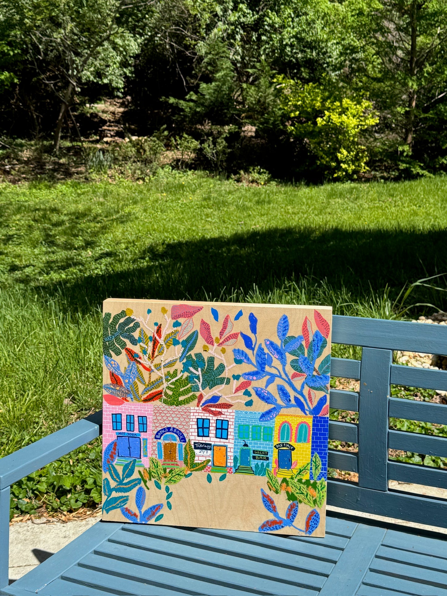 “Books & Botanicals” – Original Mixed Media Cityscape on Wood Panel (20x20)