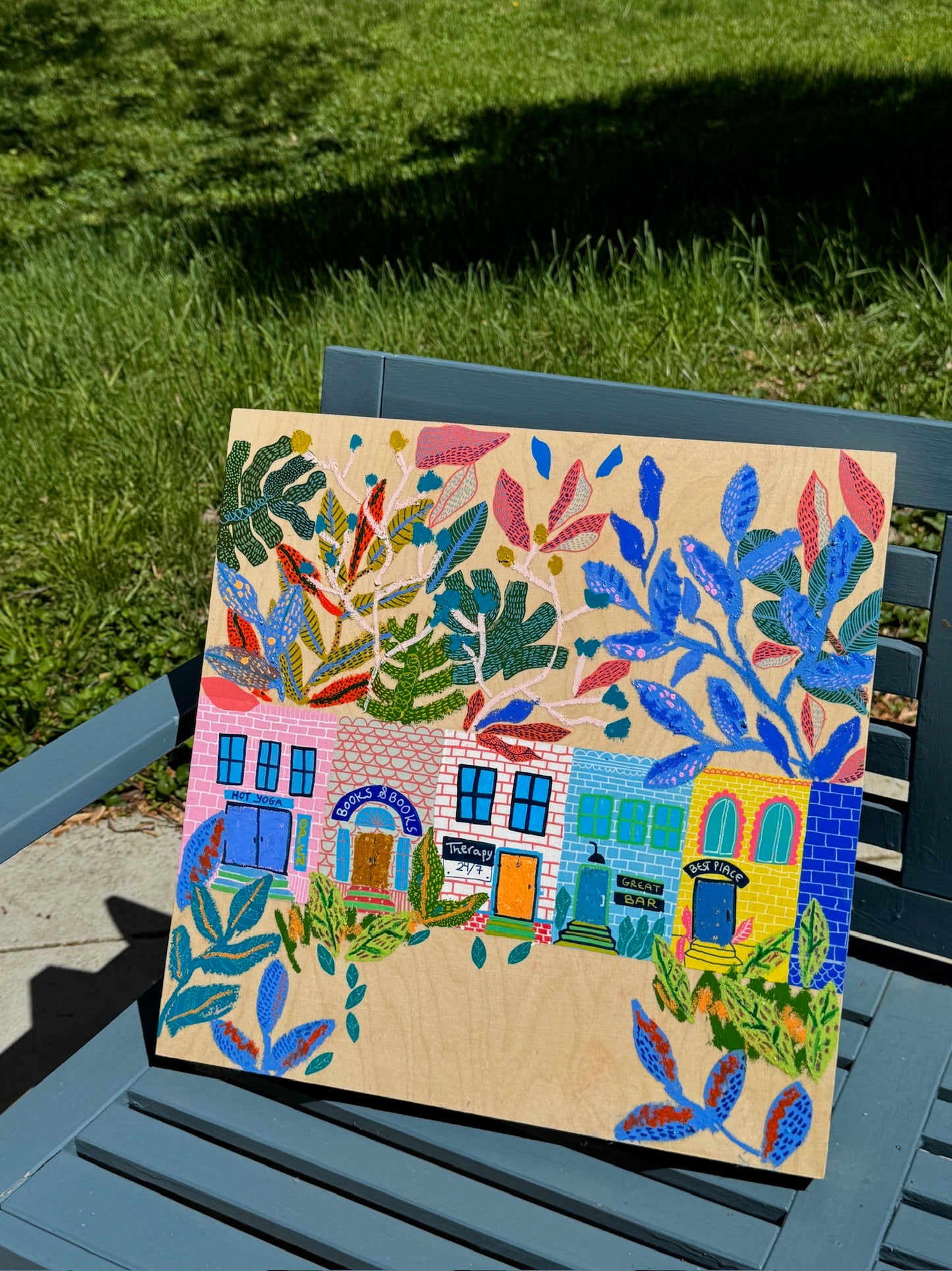 “Books & Botanicals” – Original Mixed Media Cityscape on Wood Panel (20x20)