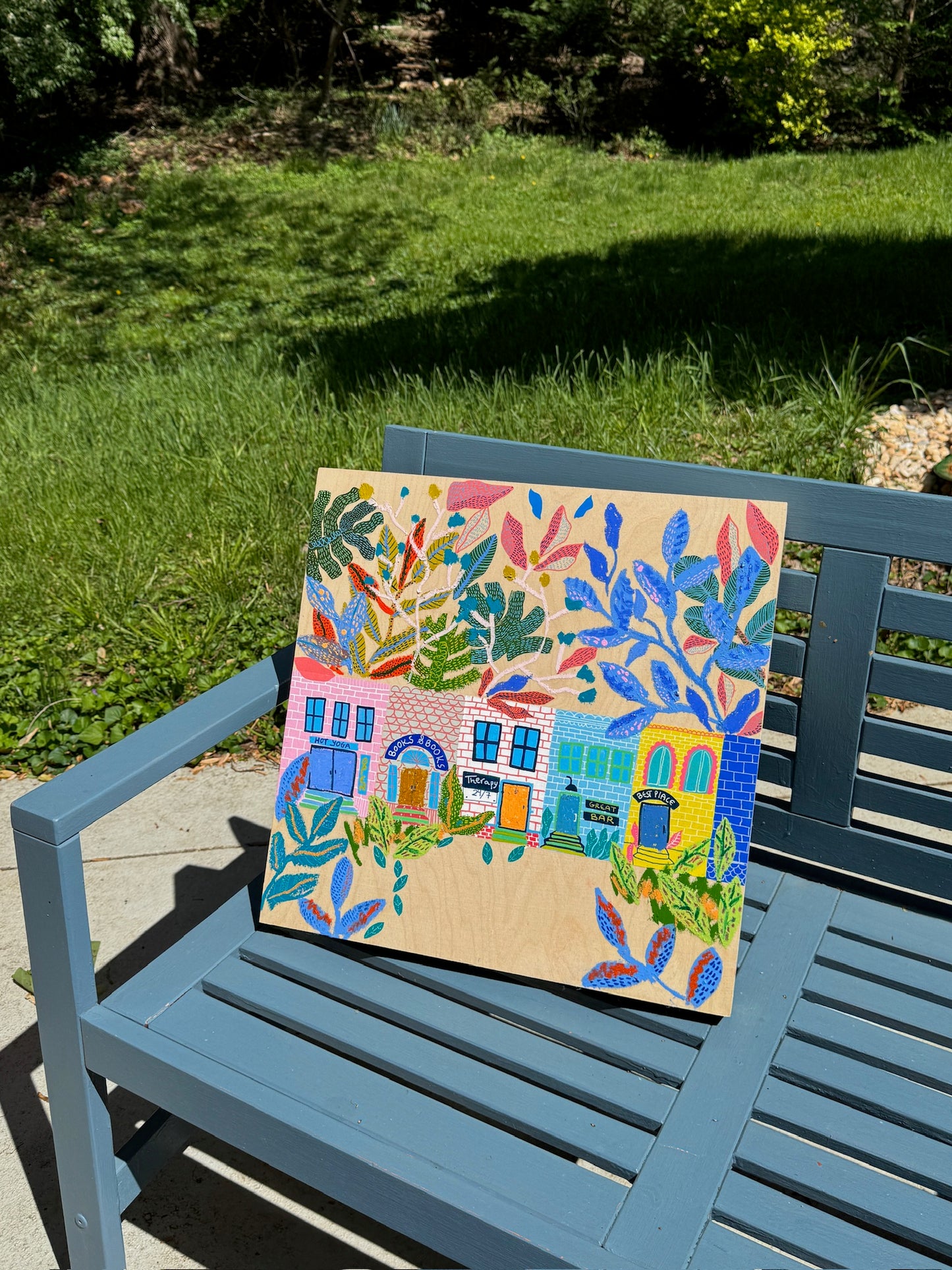 “Books & Botanicals” – Original Mixed Media Cityscape on Wood Panel (20x20)