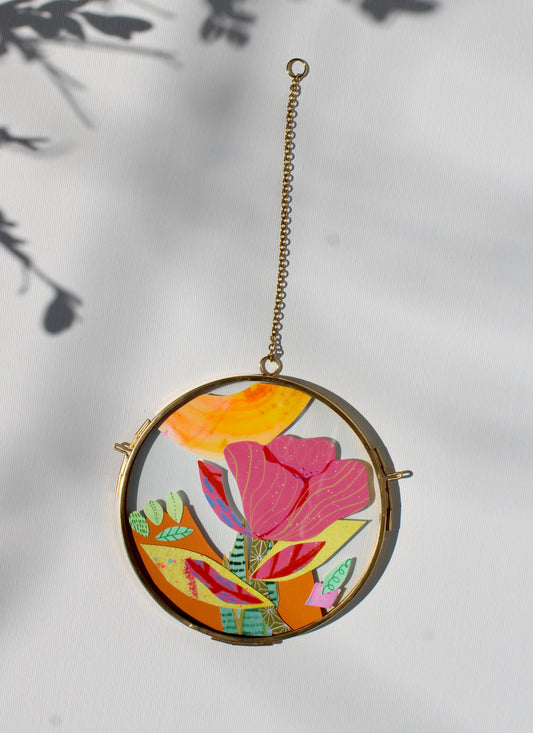 The Flower of Silent Wonder | Flower Art |Collage on Glass Frame | Handmade | Original Art | Pink #2