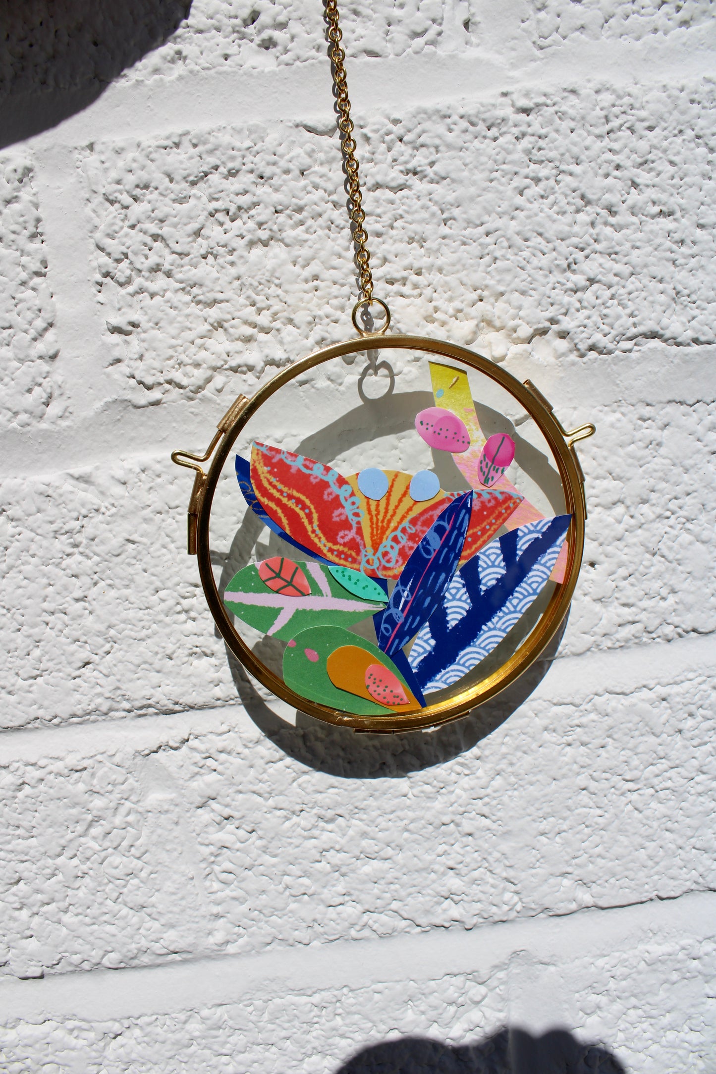 Blue Leaf #1 | Collage on Glass Frame | Handmade | Original Art | 4" Maximalist Art