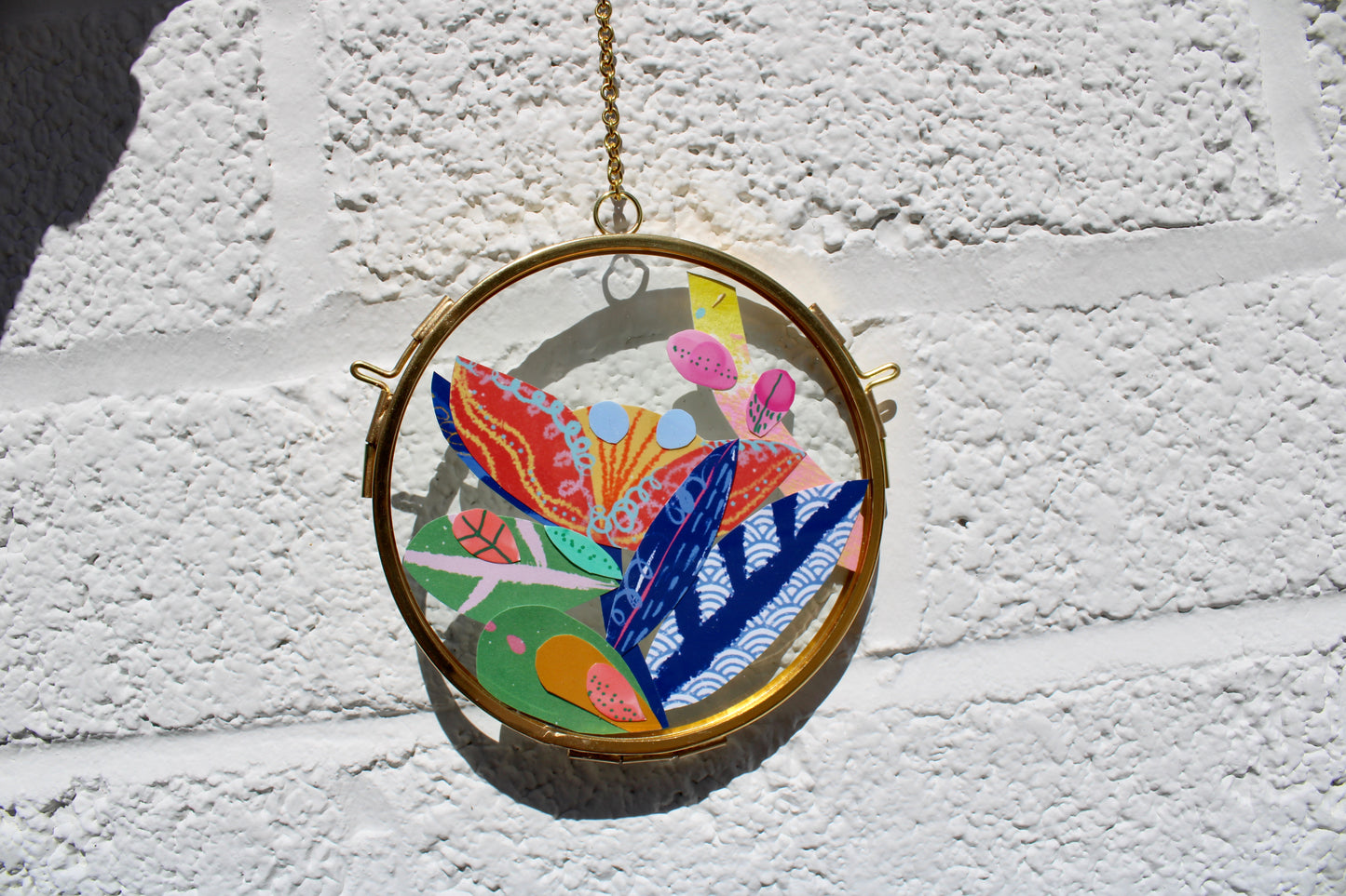 Blue Leaf #1 | Collage on Glass Frame | Handmade | Original Art | 4" Maximalist Art