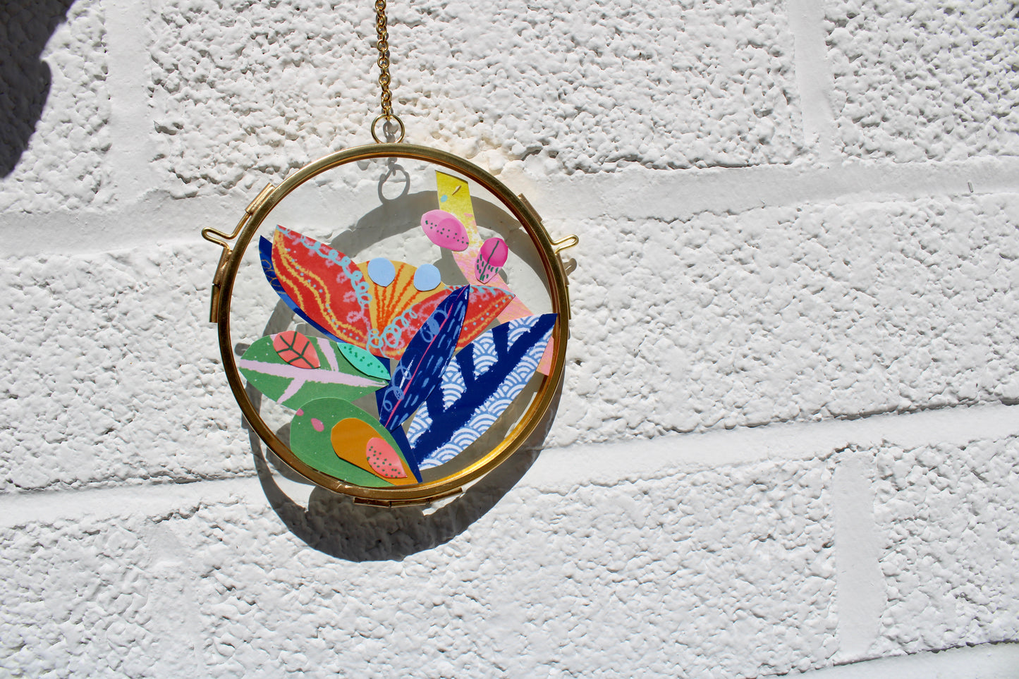 Blue Leaf #1 | Collage on Glass Frame | Handmade | Original Art | 4" Maximalist Art
