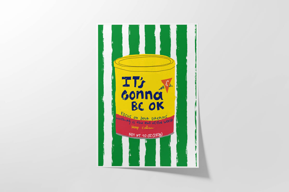 Cartoon-style can with text 'It's Gonna Be OK' on a green and white striped background