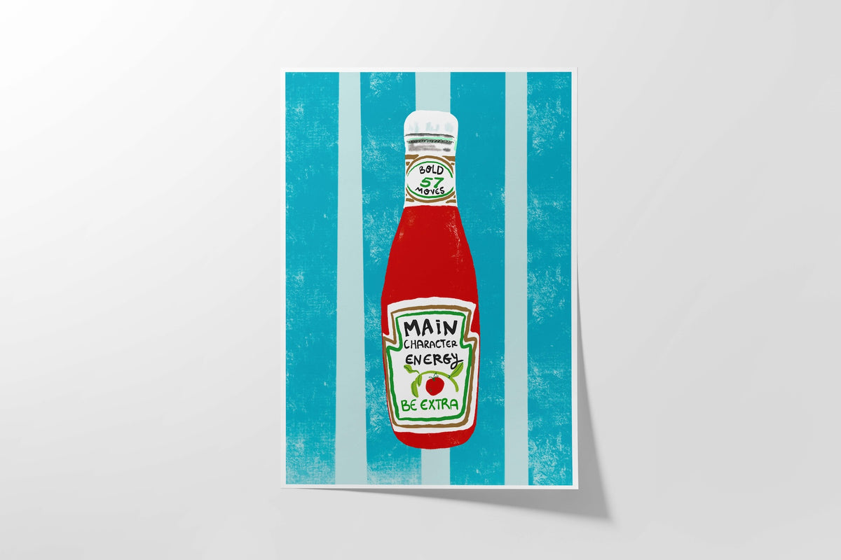 Art Print of a ketchup bottle on a blue and white striped background