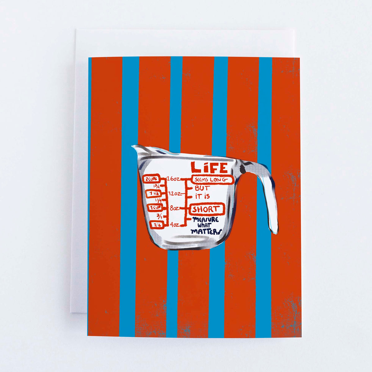 Measuring cup with text on a red and blue striped background
