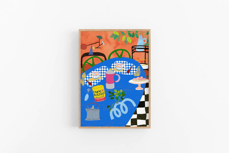 Cafe Bustelo coffee tin art print on blue checkered table with French press, vibrant orange background.