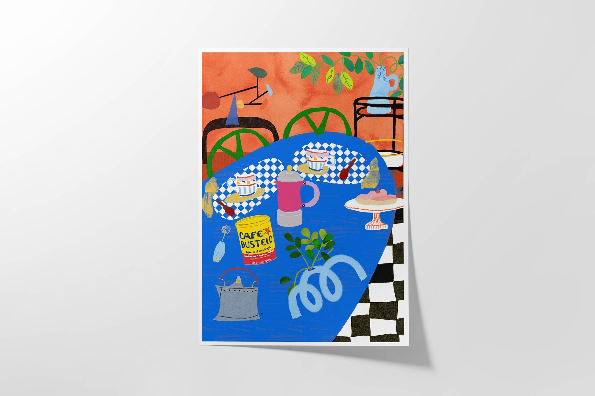 Vibrant Morning Coffee art print featuring a Cafe Bustelo tin, checkered table, and French press. Bold maximalist kitchen wall decor in blue, orange, and yellow