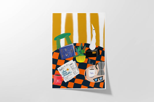 Poster with a colorful design of everyday objects on a striped background