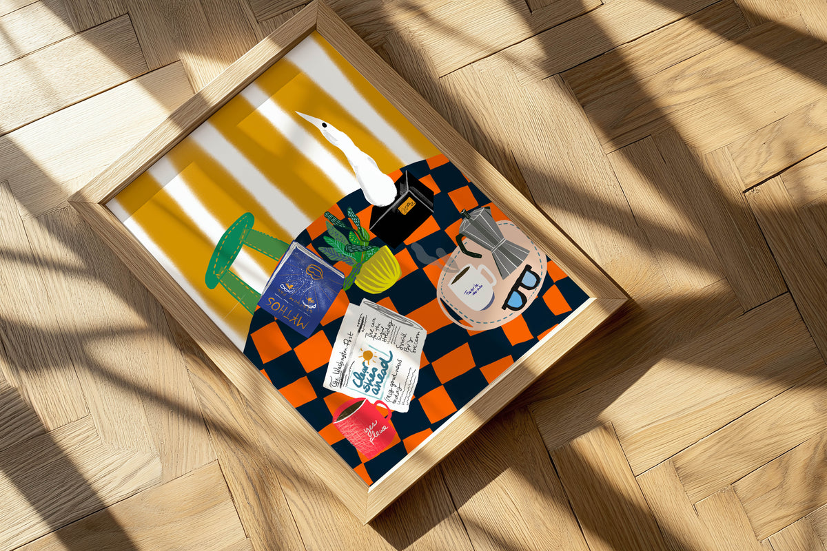 Colorful abstract painting on a wooden floor with sunlight casting shadows
