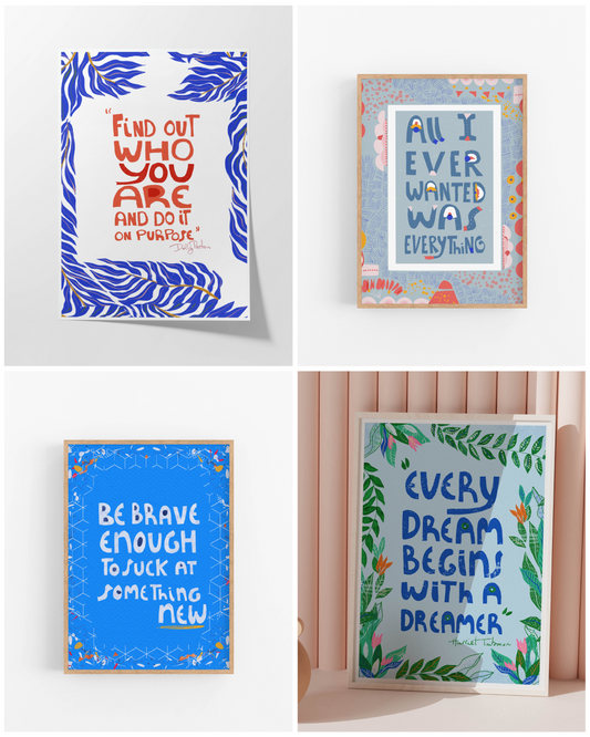 Set of 4 Inspirational Quote Prints – Motivational Wall Art for Dreamers, Students & Dorm Room Decor