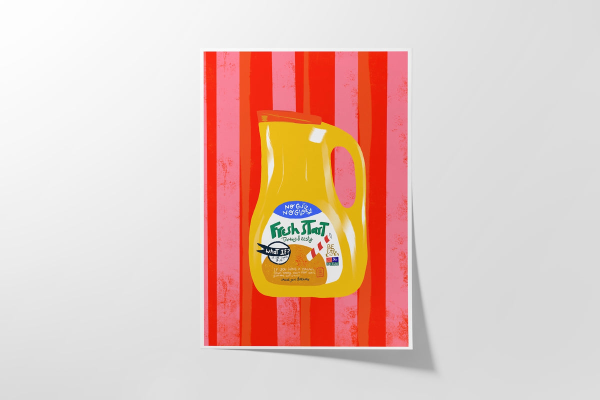 Poster of a yellow bottle with red striped background